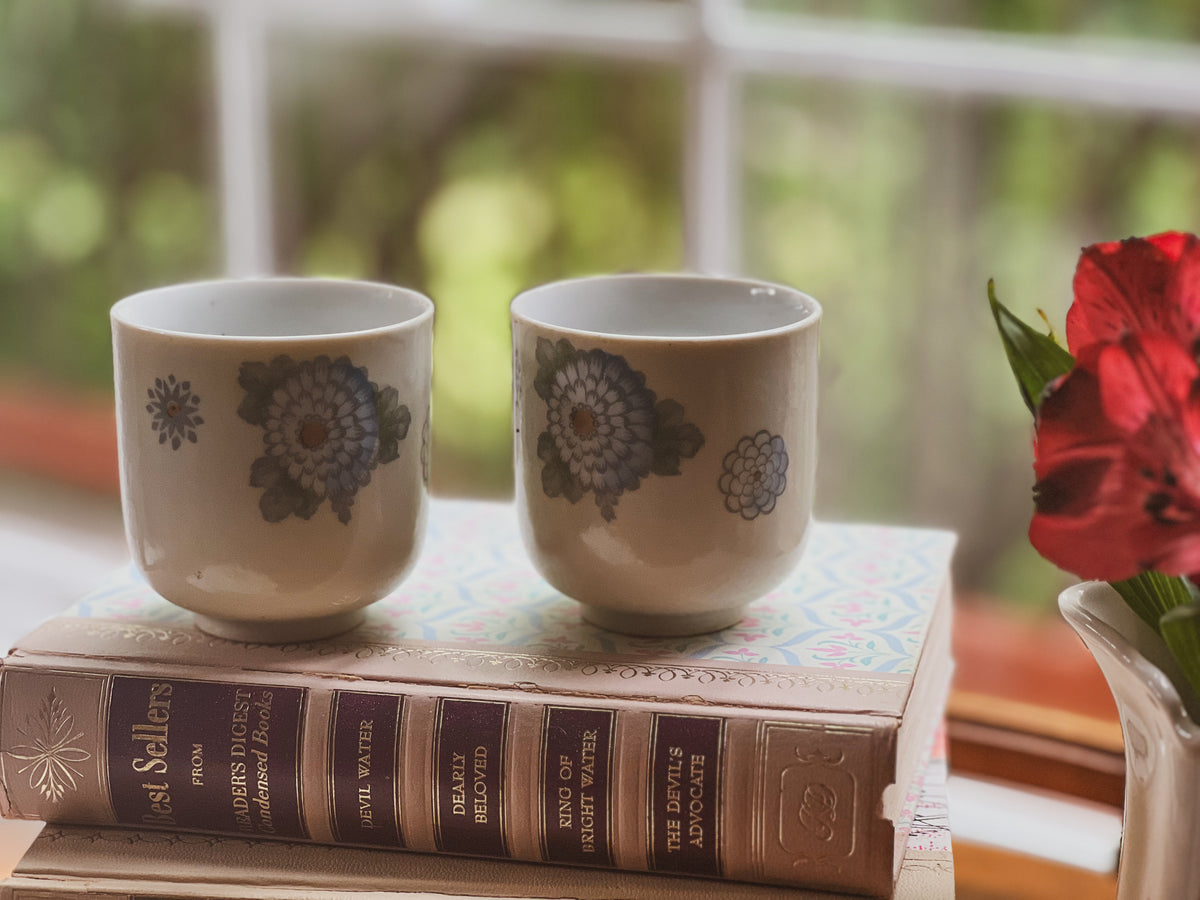 Blue Floral Japanese Tea Cups Set of 2